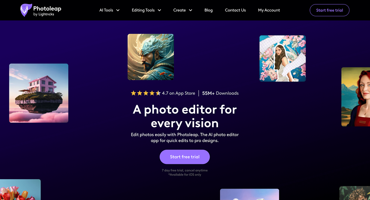 Zrzut ekranu strony głównej Photoleap