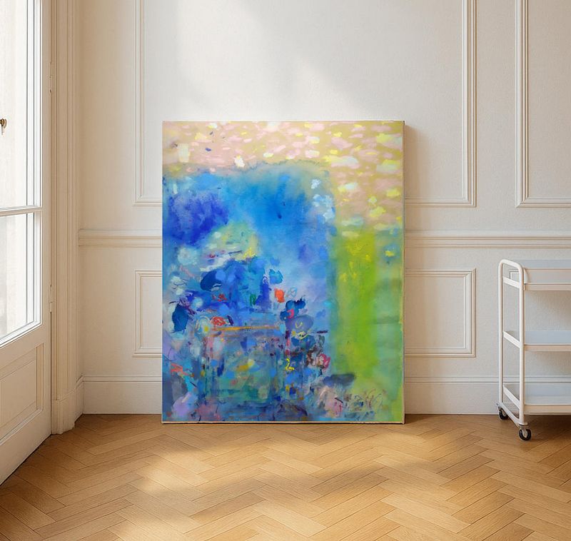 Lagune, Peinture abstraite poétique, jaune et bleue