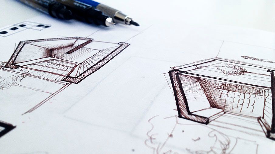 Technical engineering drawings and schematics on white background, industrial design process
