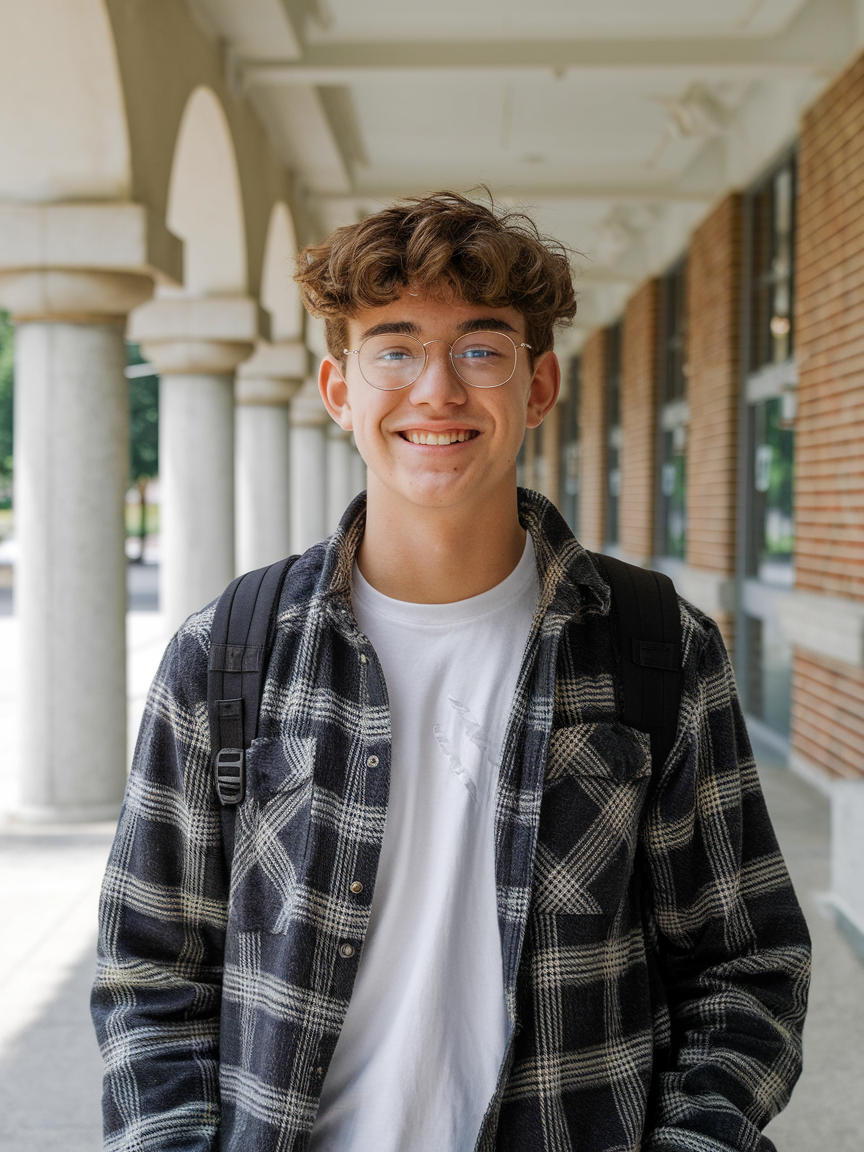 High school senior posing confidently outdoors in natural light.