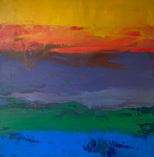 S&eacute;dimentations I, peinture abstraite carr&eacute;e, color&eacute;e, inspir&eacute;e de Frank Bowling et Sean Scully, bandes de 5 couleurs acrylique, acrylique et ammoniaque sur toile