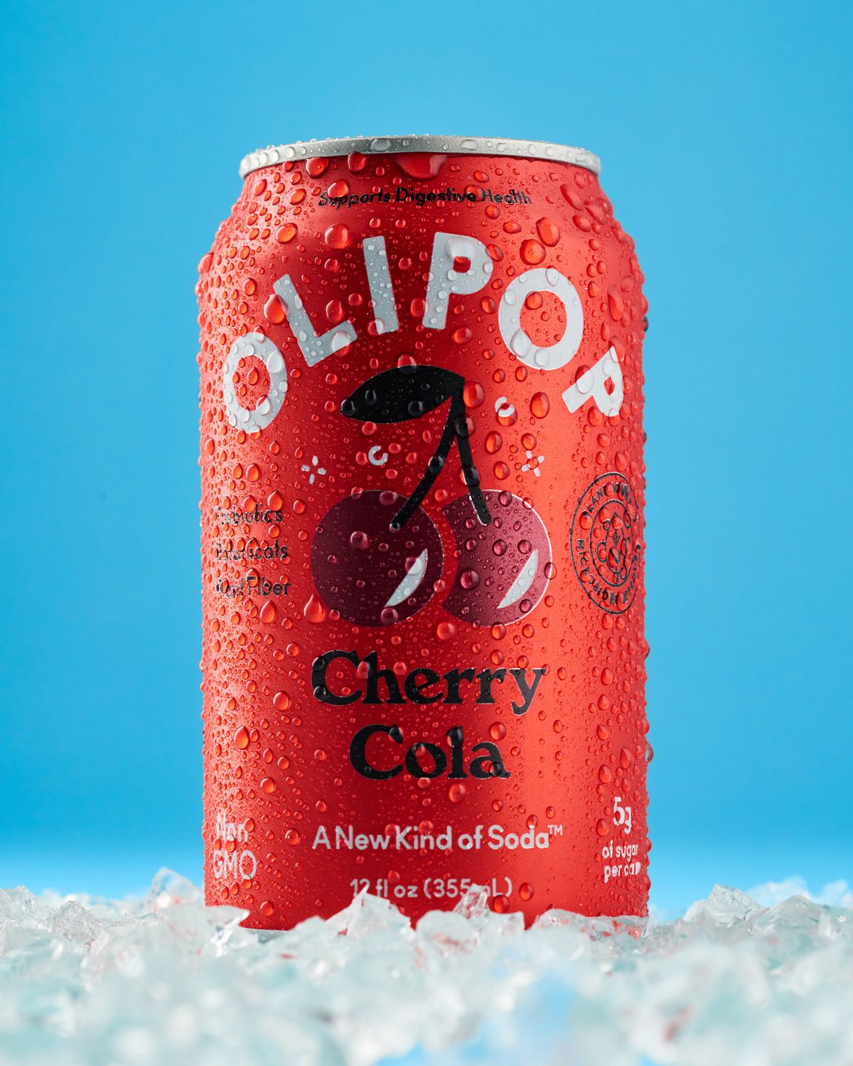 Ice cold can or red cherry cola in a complementary color scheme.