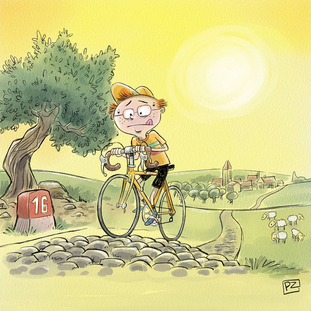 Julie rijd moeizaam op een helling door een  landschap in het zuiden van Frankrijk.