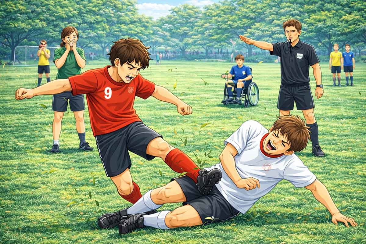 Spieler tritt im Zweikampf unsportlich nach einem Gegner, der zu Boden geht, während ein Schiedsrichter eingreift und andere Spieler erschrocken reagieren.