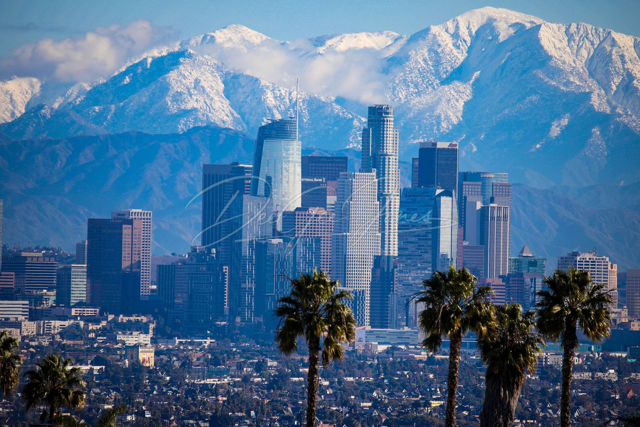 Downtown Los Angeles , Snow on Mountains