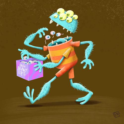 Tekening van een vreemd monster met 4 armen en zes ogen, eet ogen als snoepje