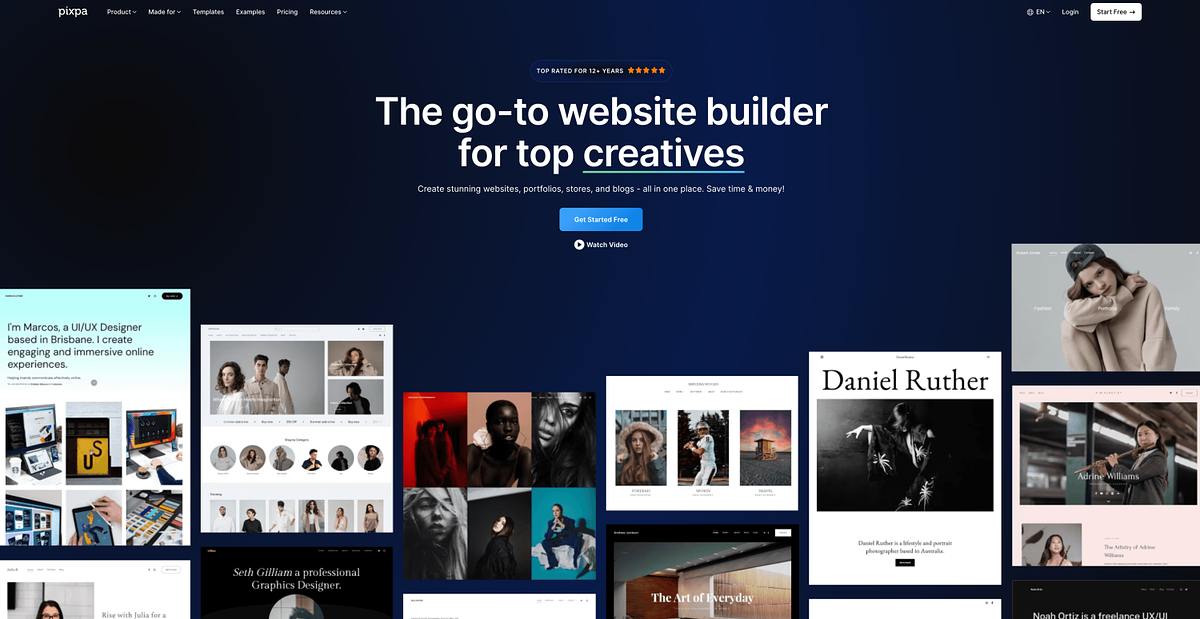 Pixpa website builder homepage showing portfolio, online store, and client galleries on one platform