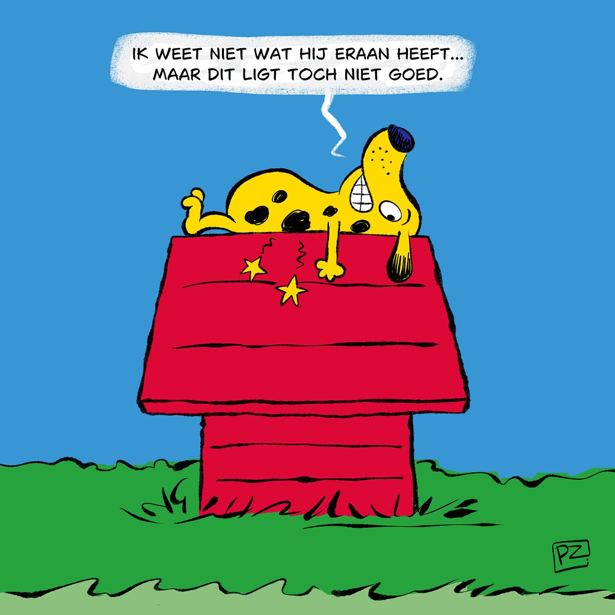 cartoon van een hond die op het hok ligt van 'Snoopy'. Ligt toch eigenlijk niet zo goed dat hok.