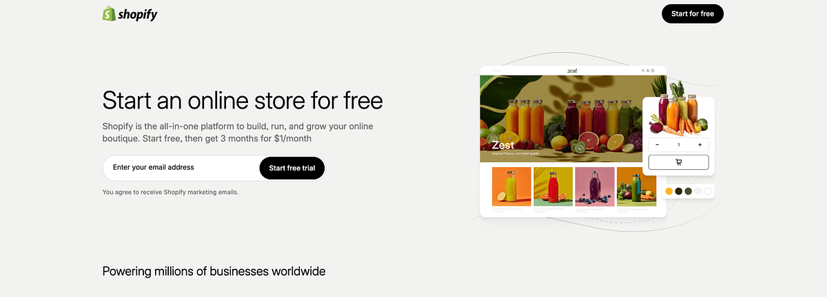 Shopify homepage showing the e-commerce platform with multi-channel selling features