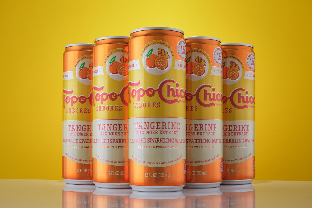 TopoChico Tangerine pack shot on a yellow background