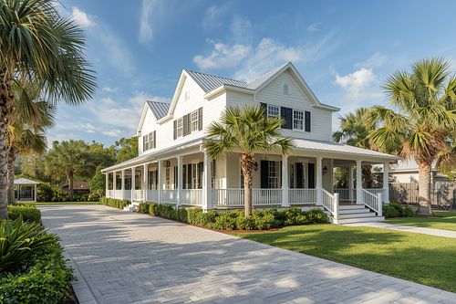 Professional architectural real estate photography of a large white coastal home with a wrap-around porch and manicured landscaping, shot at an angle by PrimePropertyPhoto in Gainesville, FL.