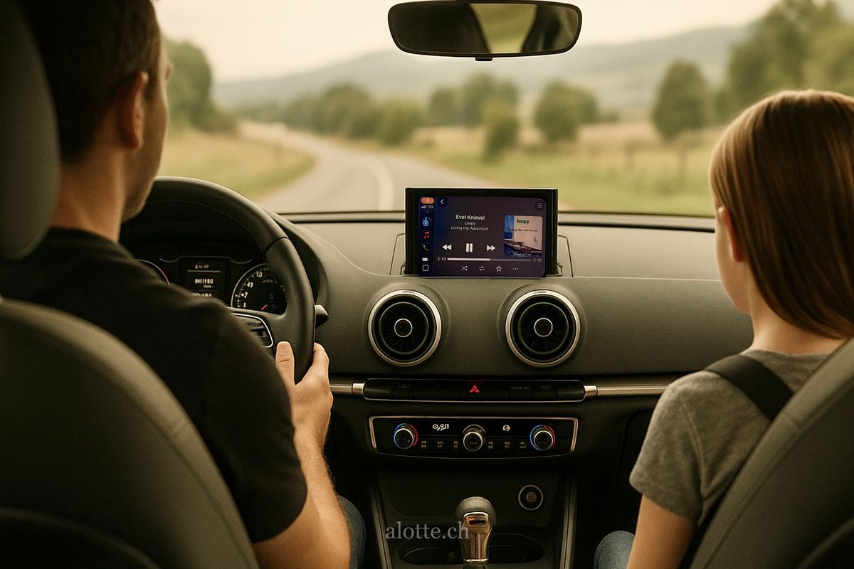 Illustration of Martin Potter and daughter in car listening to Loopy Evil Kineval