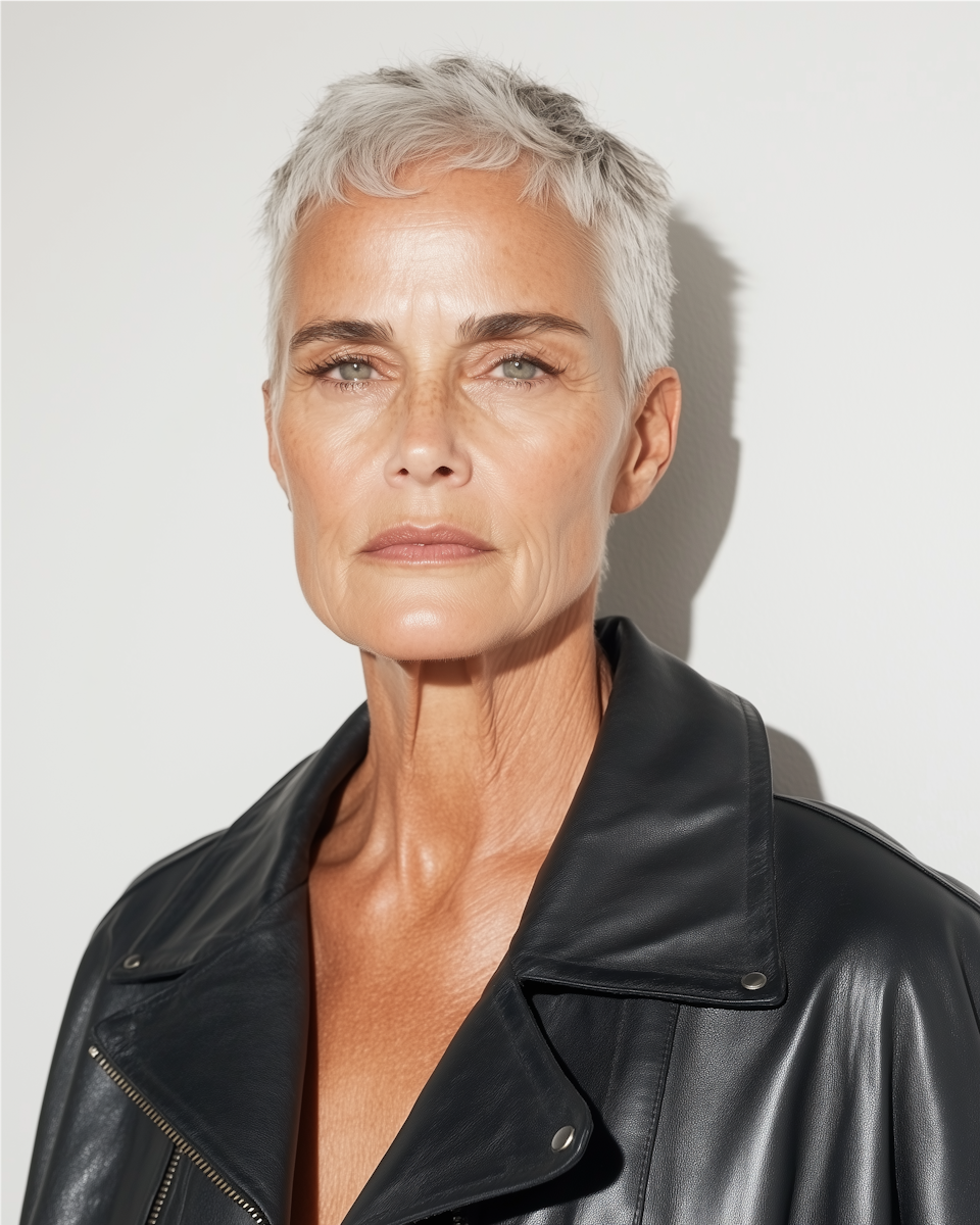 Zelfverzekerd volwassen model met zilver haar