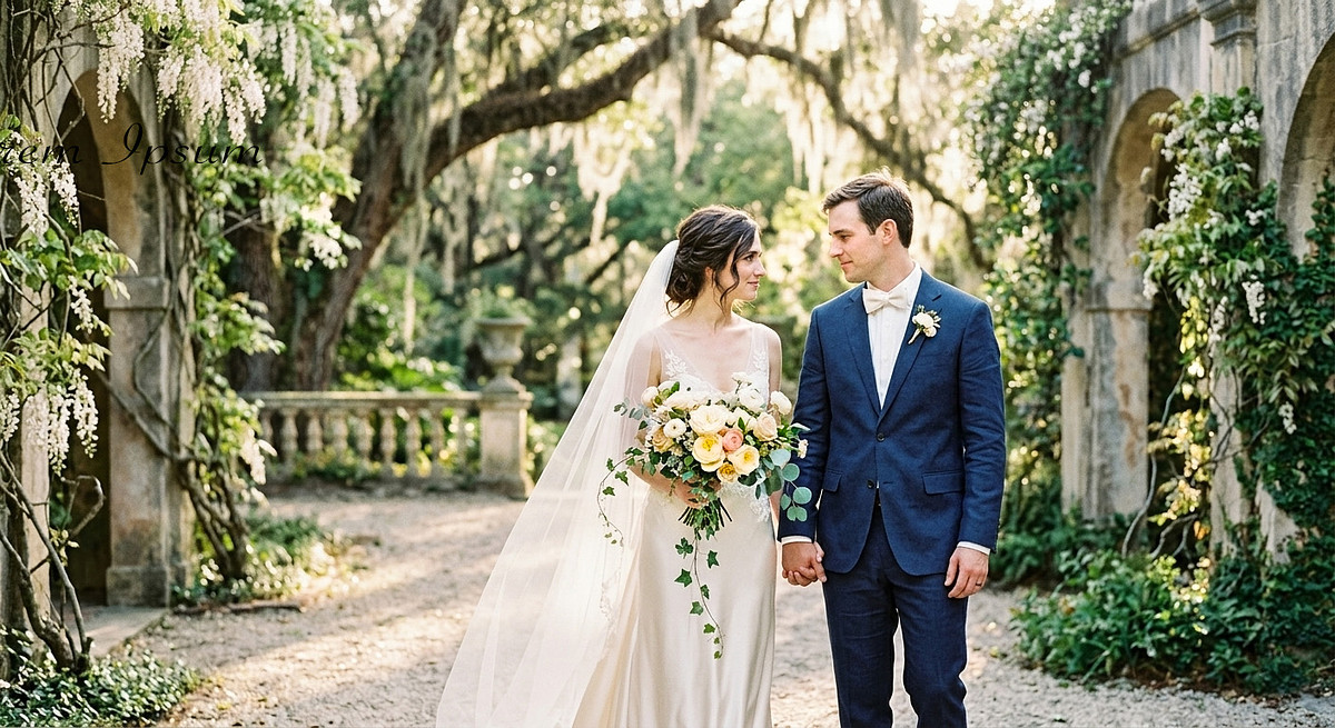 Fine art wedding photography style showing a bride and groom in a lush romantic garden with soft natural lighting.