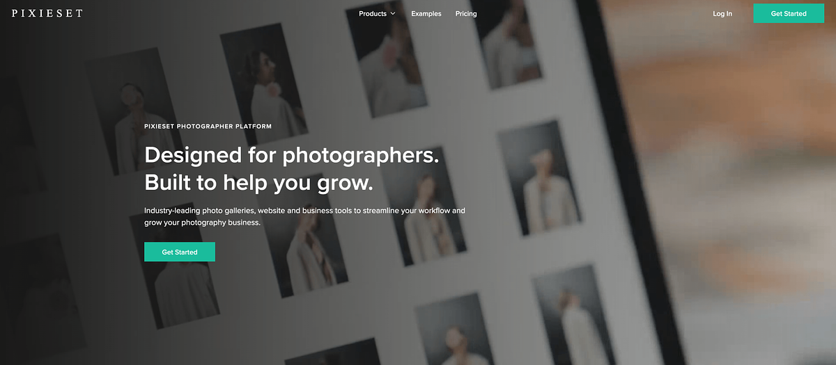 Pagina iniziale del costruttore di siti web Pixieset che mostra la galleria clienti e le funzionalità del sito web portfolio per fotografi.