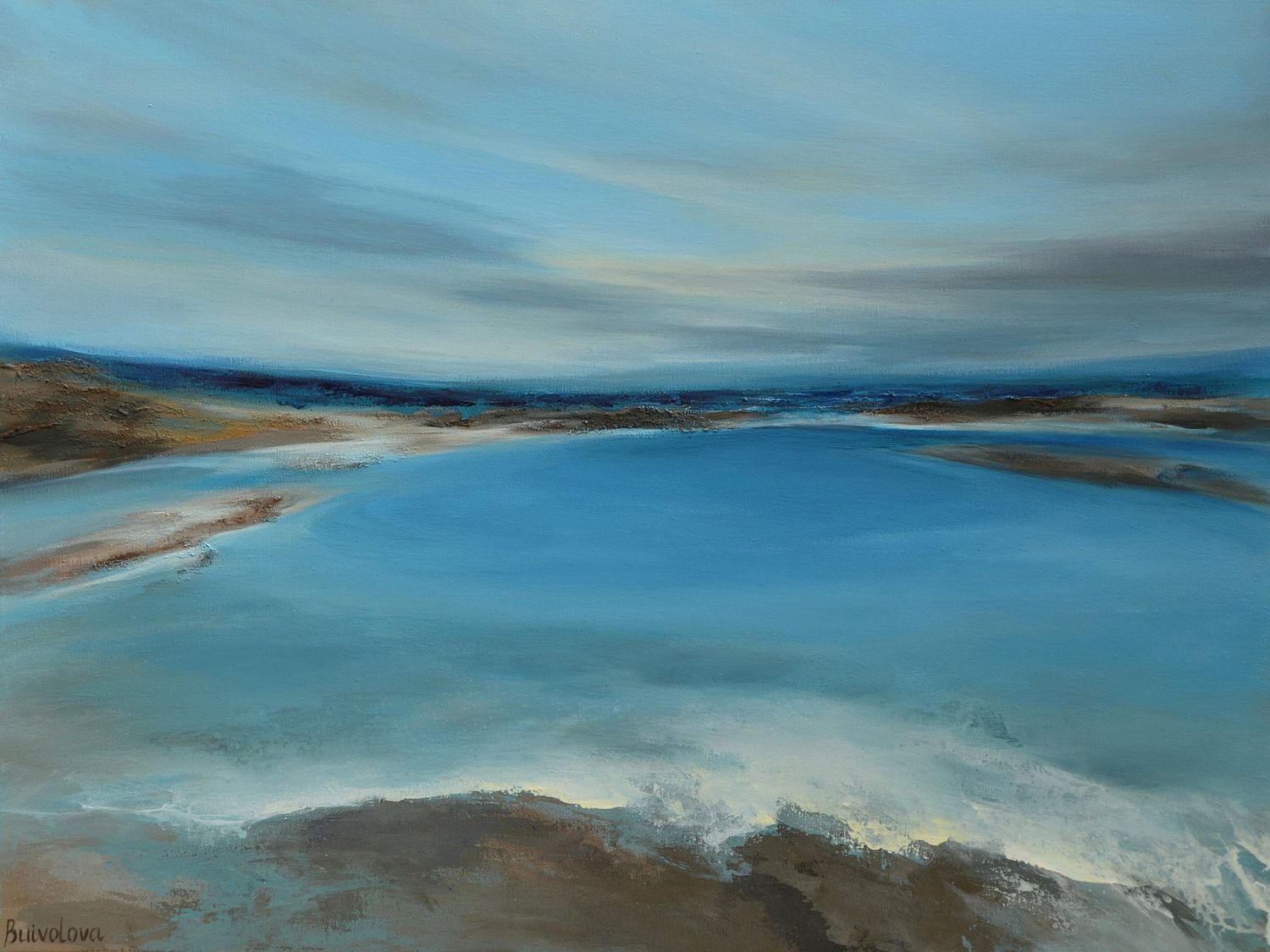 semi-abstract seascape painting with waves, sand, and sea foam, expressing the freshness of the sea air.