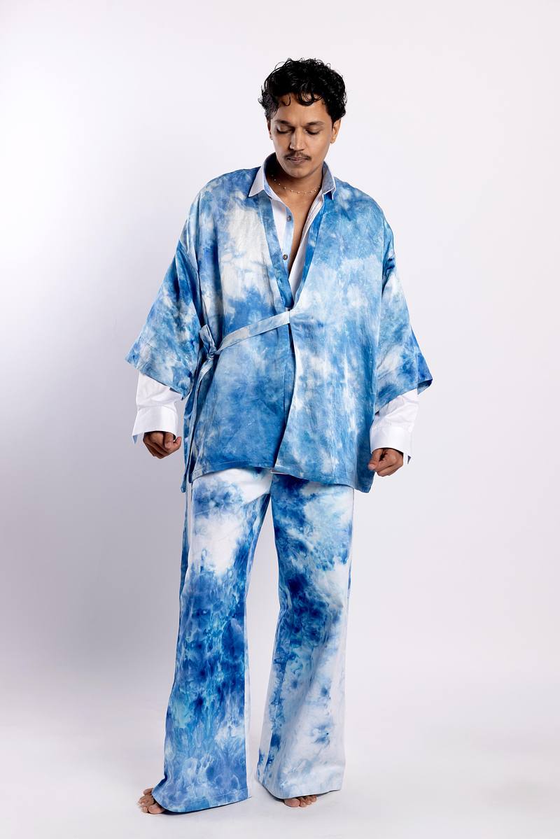 Linen Satin Kimono Jacket - Summer Sky