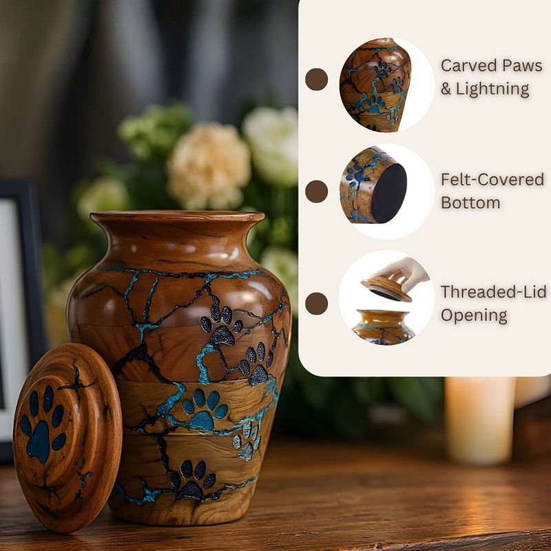 Carved Paw & Lightning Strikes Wooden Pet Urn