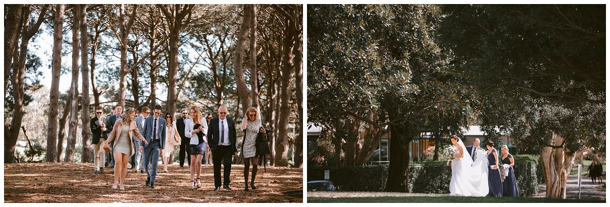 Guests and Bridal Party on their way to the wedding ceremony at Pine Grove, Centennial Park