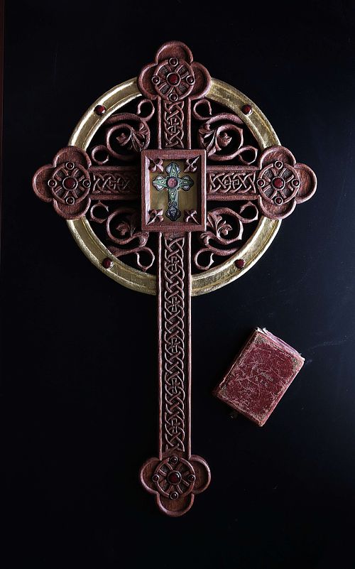 Beautiful, gold-leafed reliquary to house a relic of the True Cross with Celtic and Gothic Revival Carving and polychrome details for St Patrick Catholic Church in London, Ohio