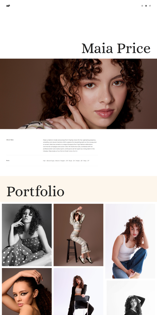 Página principal del portafolio de modelaje de Maia Price