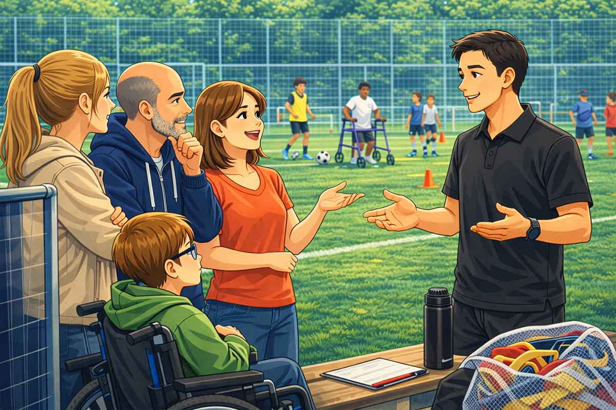 Trainer spricht mit Eltern und einem Kind am Spielfeldrand, erklärt Abläufe und beantwortet Fragen, während im Hintergrund inklusives Training stattfindet.