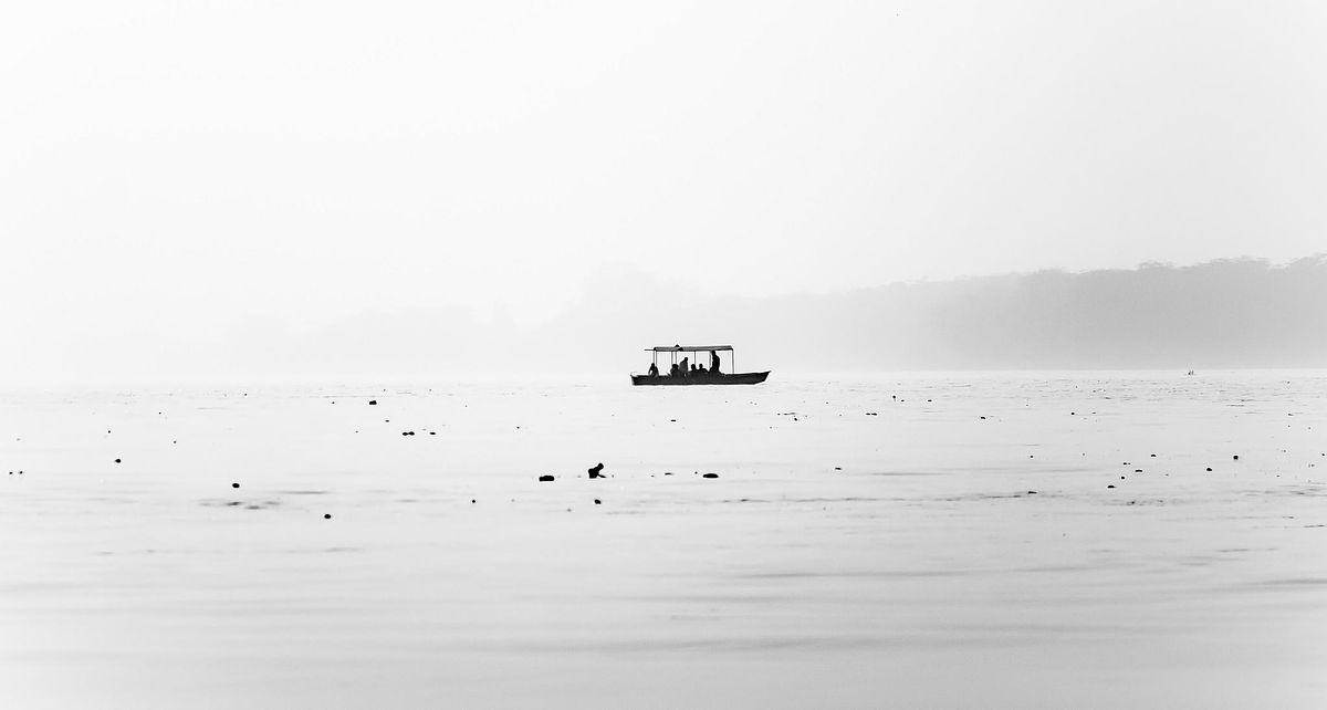 boat, river, water, black and white, summer