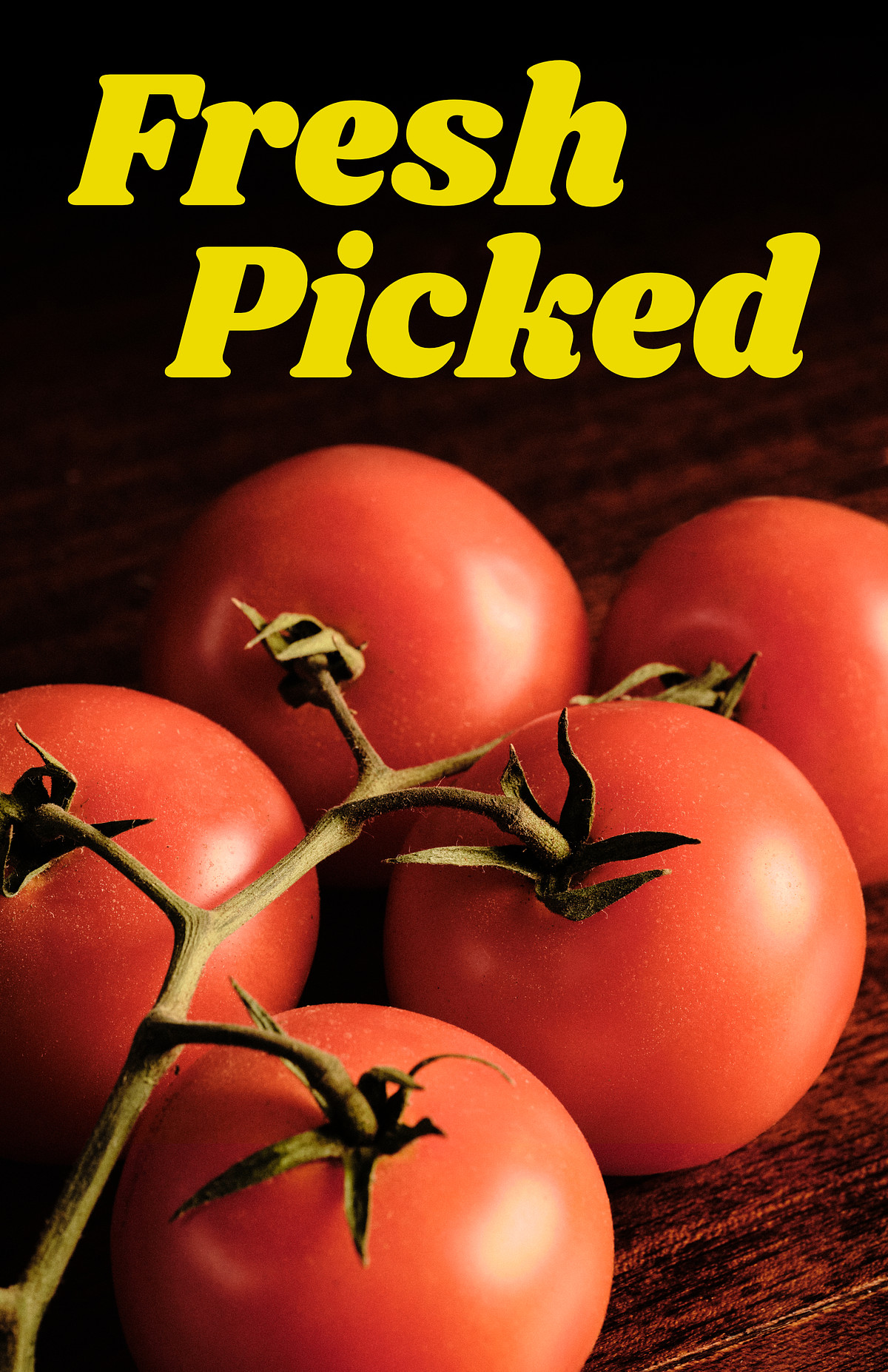 Macro image of on the vine, red tomatoes with an advertising text overlay.