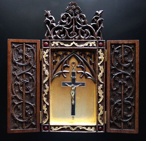 Hand carved triptych shrine with reliquary crucifix