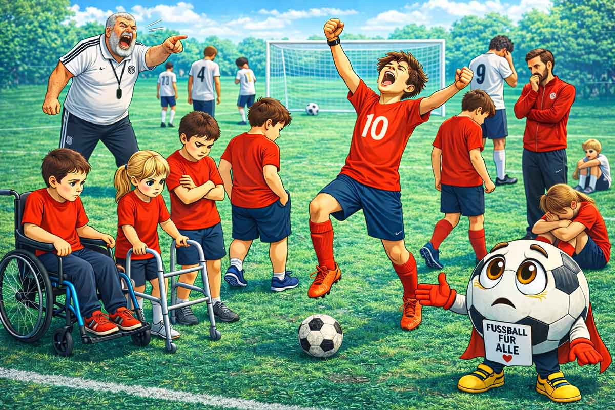 Ein Spieler mit der Nummer 10 schießt ein Tor nach dem anderen und bindet sein Team nicht ein, während Mitspieler passiv bleiben und die gegnerische Mannschaft frustriert das Spiel einstellt. Ein Trainer wirkt überfordert, ein anderer reagiert emotional.