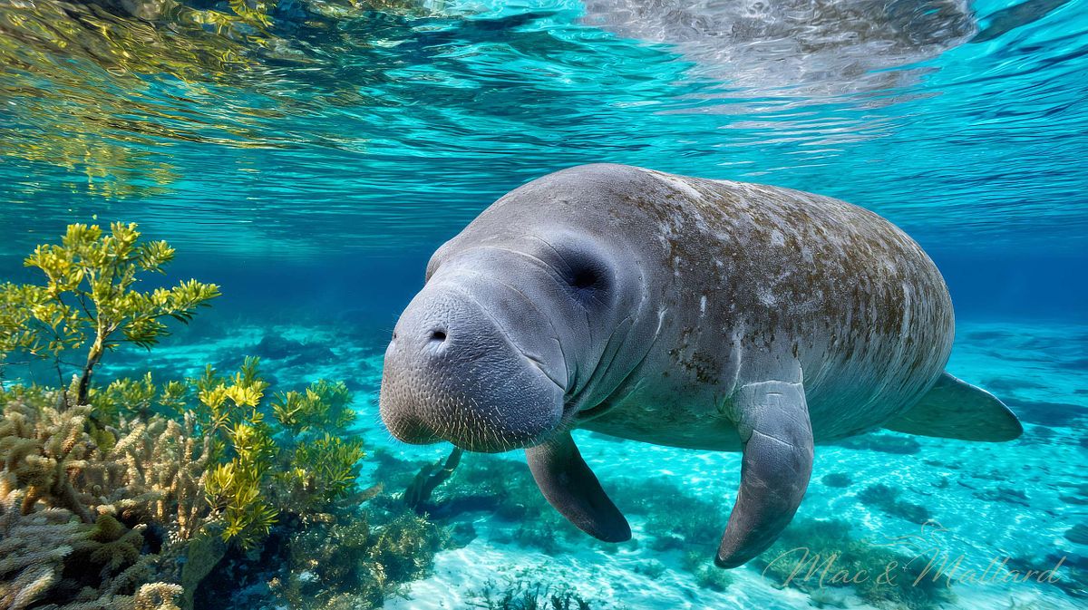 Manatee swimming peaceful underwater in clear sea