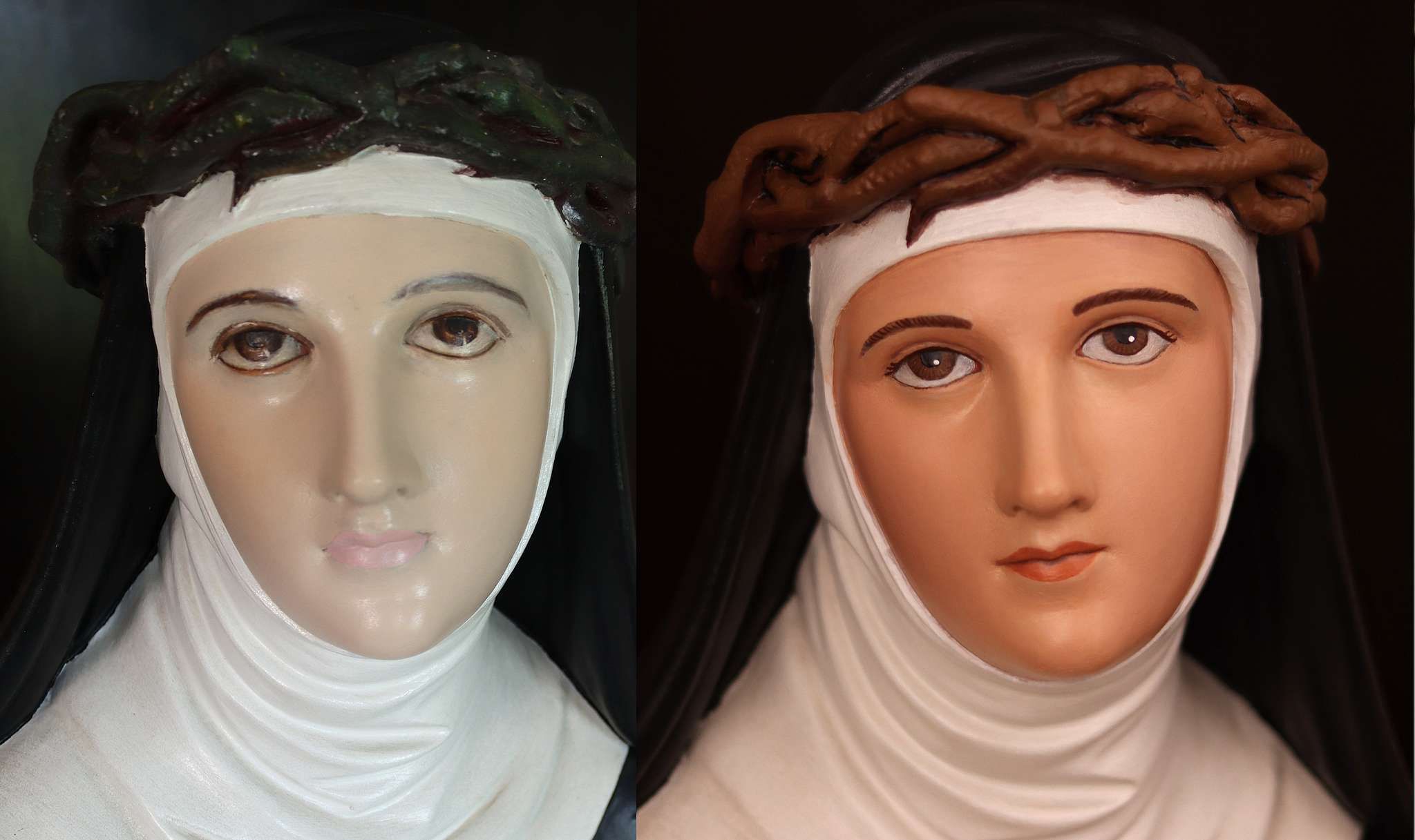 Saint Catherine Statue Restoration before and after picture showing the dramatic improvement the Kelly Baker of Contrasts Woodcarving made on this statue for Holy Trinity Catholic Church in Somerset, Ohio