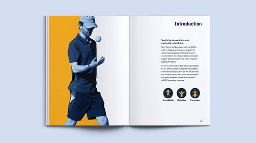 Double-page spread showing a stylised photograph of a man throwing a tennis ball on the left page, and a campaign introduction with three small high-contrast icons representing accessibility, motivation, and perception on the right.