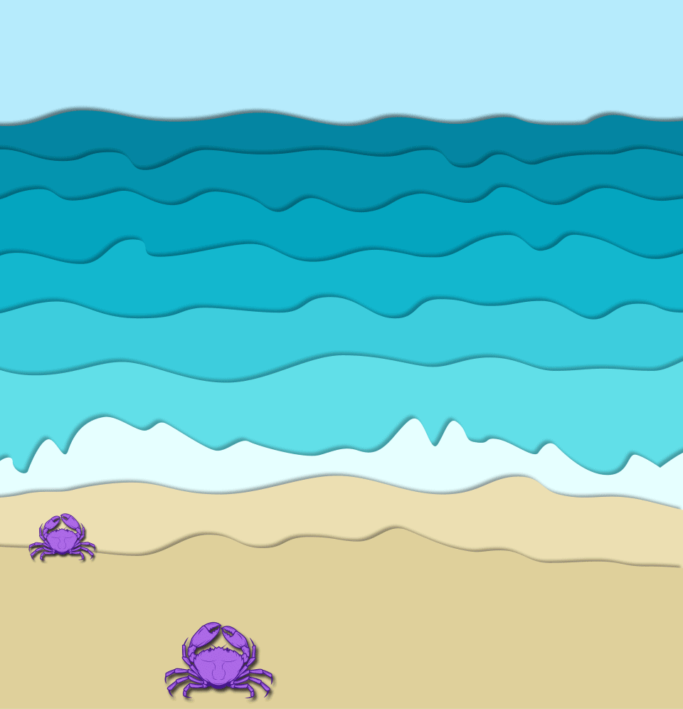 beach with crabs and a seagull with a chip and sign for sale