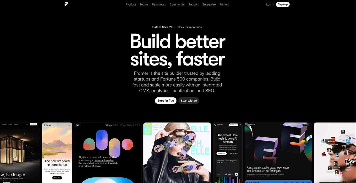 Framer homepage showing the Figma-style website builder with animation and CMS features