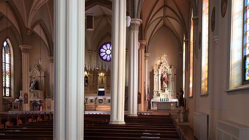 View from the back of the church on the St Joseph altar side of Holy Trinity Catholic Church in Somerset, Ohio