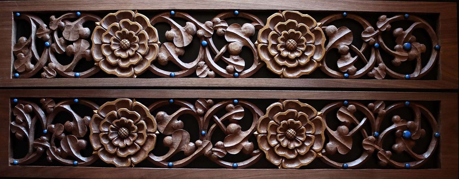 Hand-carved gradines or candle shelves for the high altar for St. Bernadette Catholic Church in Lancaster, Ohio by Wes Baker