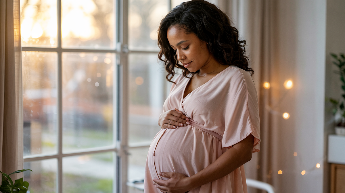 Pregnant woman posing in natural light with a flowing maternity gown.