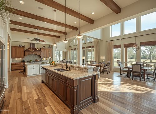 Luxury kitchen and open-concept living area photography in Gainesville FL by PrimePropertyPhoto, featuring vaulted beam ceilings and hardwood floors.