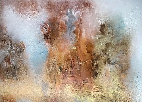 Textured champagne gold and ivory abstract painting, a sophisticated statement piece for high-ceilinged modern heritage homes and luxury foyers