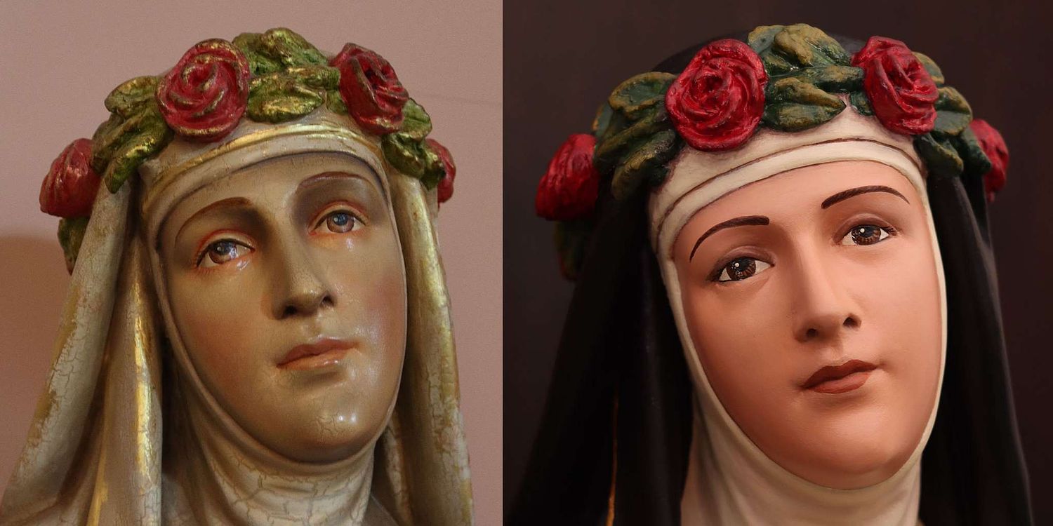 Saint Rose Statue Restoration showing before and after this complete restoration for St Rose Catholic Church in New Lexington, Ohio