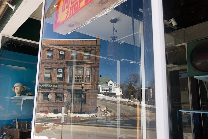 Multiple perspectives showing three scenes from Gardner MA window