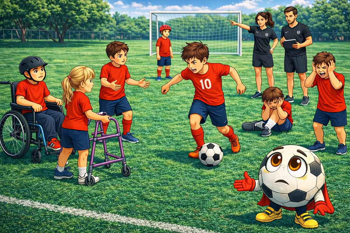 Mehrere Kinder zeigen Überforderung und Konflikte im inklusiven Fußballtraining, während Trainer im Hintergrund versuchen, die Situation zu steuern und zu klären.