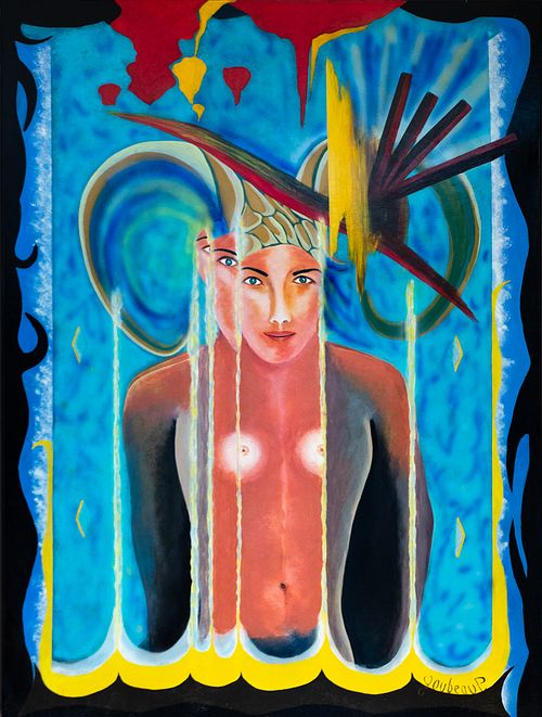 The mirror Le miroir de Patrice Goubeau Peinture surréaliste d'une personne portant un couvre-chef élaboré avec des plumes et des motifs. Le fond est d'un bleu vibrant avec des tourbillons et des lignes blanches descendant sur la figure, créant une atmosphère abstraite et onirique.