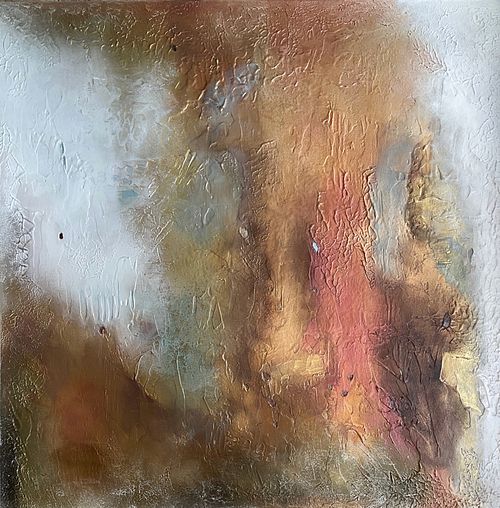 Warm copper and bronze metallic abstract painting that interacts with natural light, designed for sun-drenched verandas and open-plan luxury interiors