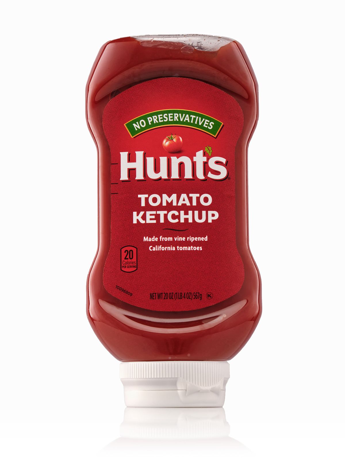 Red condiment bottle on pure white with a subtle drop reflection.