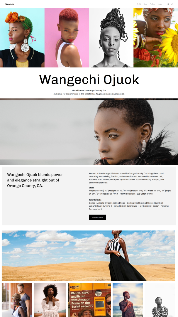 Captura de pantalla del portafolio de modelaje de Wangechi Ojuok