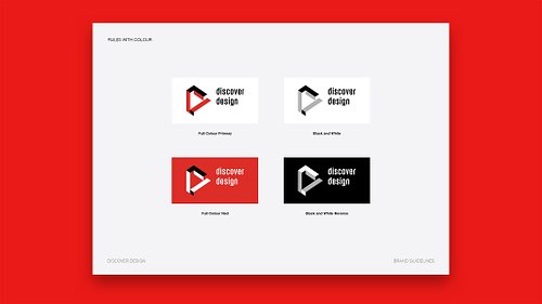 Brand guidelines document page showing four Discover Design logo colour variations: full colour on white, full colour on red, black and white, and reversed black and white.
