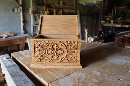 showing oak box from front with the lid open