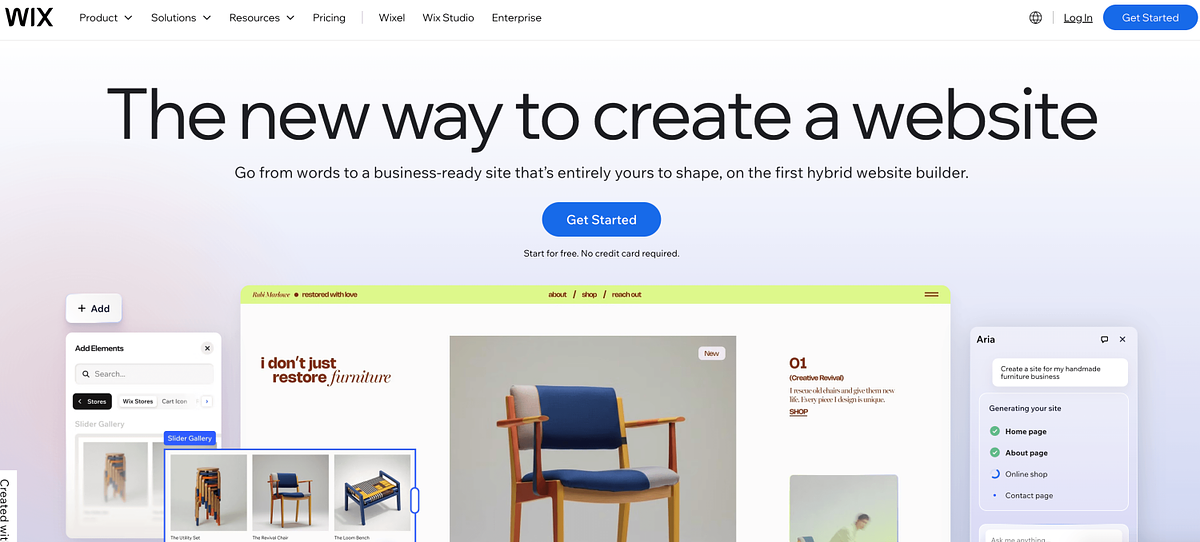 Wix homepage showing the AI-powered website builder and template gallery